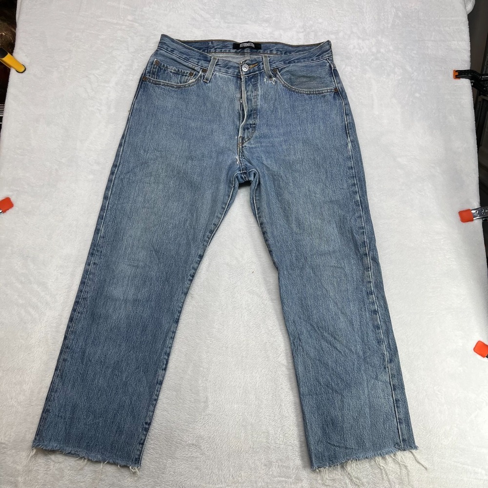 Reformation Jeans Men's Blue Denim Frayed Hem Button Fly USA Made 32X27 -‎ Flaws